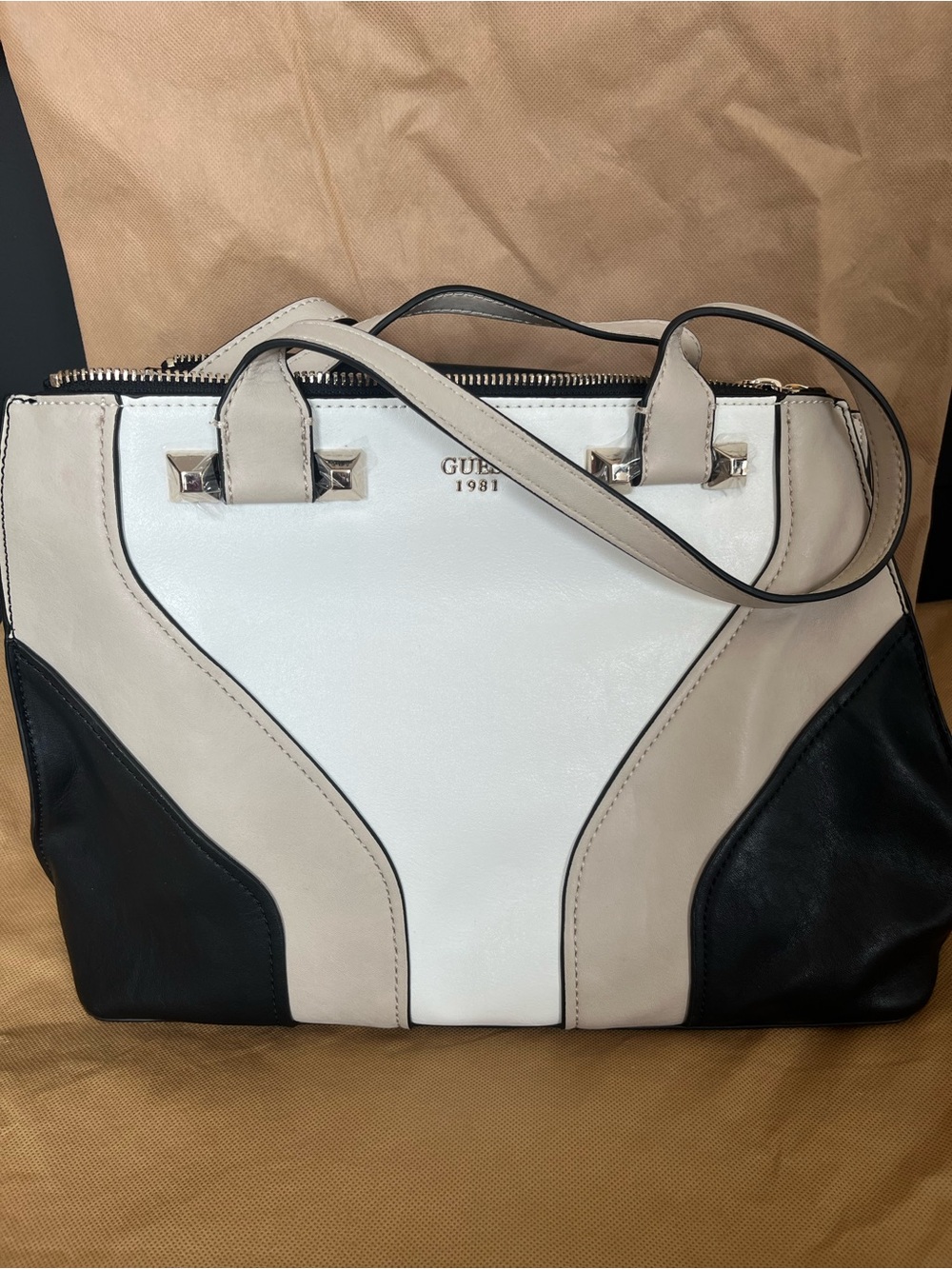 GUESS Cream, White & Black Colorblock Satchel